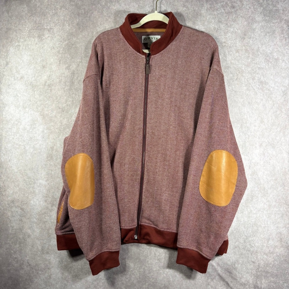 Orvis Sweater Mens Size 2XL Red Knit Leather Elbow‎ Patch Full Zip Long Sleeves